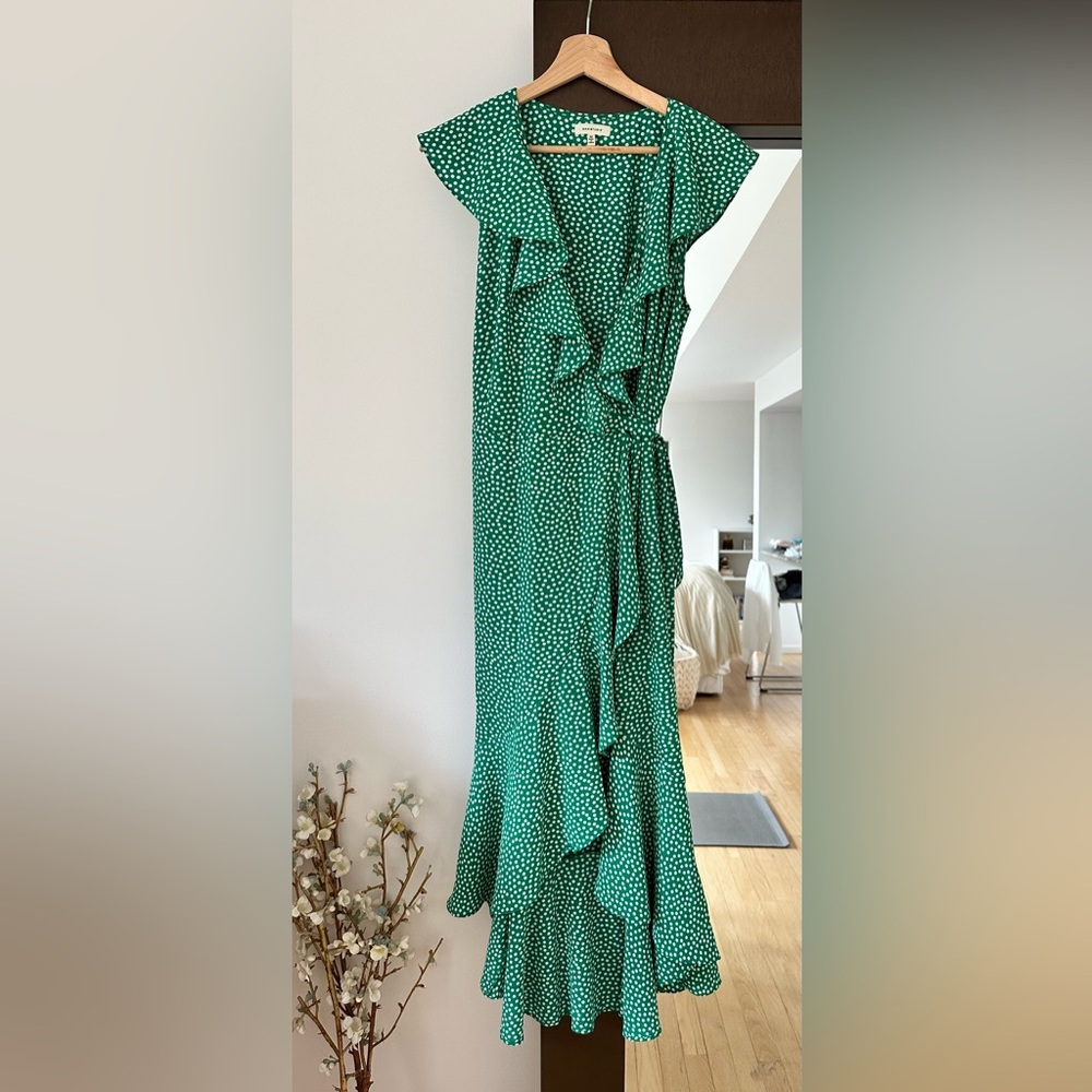 Max Studio Green Polka Dot Ruffle Wrap Dress – Size M